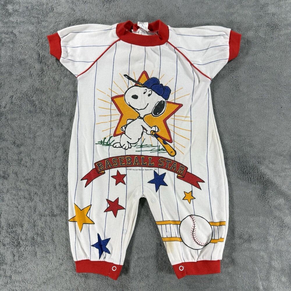 Vintage 90s Snoopy Peanuts Baseball Stars Sports Pinstripe Baby Boy Romper 12m